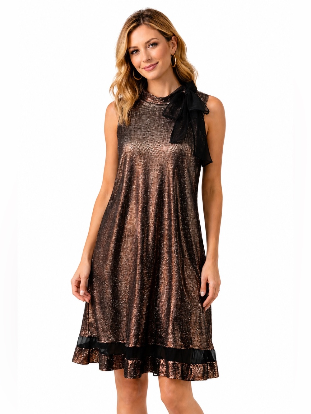 Signature by Robbie Bee Metallic Bronze Dress with Black Bow back Size Medium